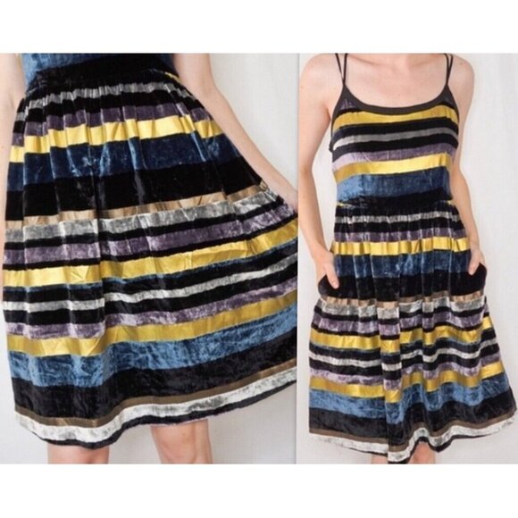 NWT Anthropologie Wolven Striped Velvet Gold/Blue/Purple Mini Strappy Dress S 14 - Picture 1 of 8